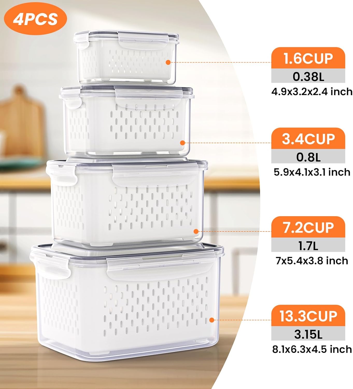 8 Pieces Fruit Storage Containers for Fridge with Lids and Strainer | 4Pack Fruit Containers for Fridge, Fresh Produce Saver Keeper for Vegetable Fruit Salad, BPA Free Organizer for Refrigerator