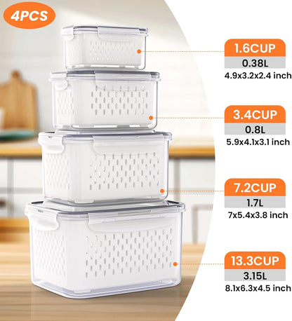8 Pieces Fruit Storage Containers for Fridge with Lids and Strainer | 4Pack Fruit Containers for Fridge, Fresh Produce Saver Keeper for Vegetable Fruit Salad, BPA Free Organizer for Refrigerator