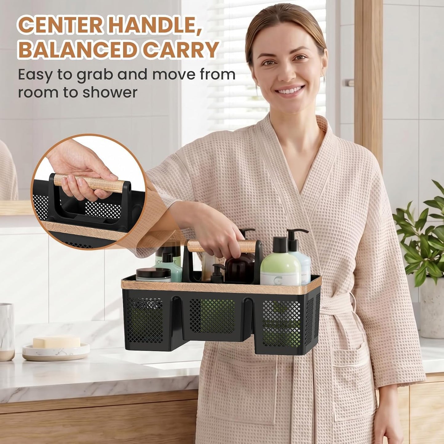 BYUNER Portable Cleaning & Shower Caddy with Handle: Rigid Plastic Basket with 4 Divided Compartments, All-Side Drainage for College Dorm, Bathroom & Utility Use, Black/Gold