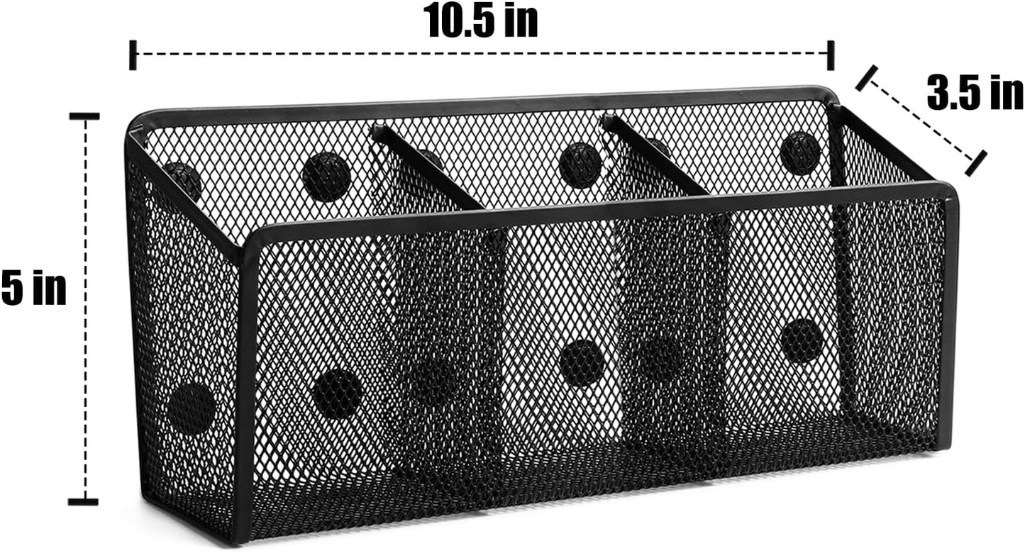 Magnetic Pencil Holder Whiteboard Pen Holder Locker Accessories (2-Slot*1) | Locker Organizer, Desk Organizer, Teacher Supplies, Mesh Basket, Strong Magnets, Black, For Fridge School Office Home
