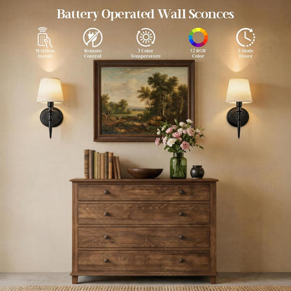Battery Operated Wall Sconces Set of 2, Wireless Rechargeable Wall Lights with 12 RGB Colors and 3CCT Dimmable, Small Fabric LED Wall Lamps for Bedroom, Living Room, Hallway, Gold