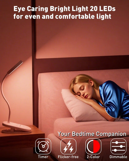 long-stars Red Light Reading Lamp for Sleep, Book Light for Bed Reading with 625nm Blue-Free Night Light, 2 Color Mode & Timer, 2000mah Rechargeable Clip on Lamp for Headboard, Desk, Studying