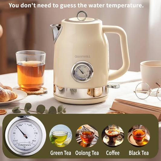 Retro Electric Tea Kettle, 1.7L, Matte White and Gold | 304 Stainless Steel, 1500W Fast Boiling, Auto Shut-Off, Boil-Dry Protection, BPA-Free, Thermometer, Retro Kitchen Appliances