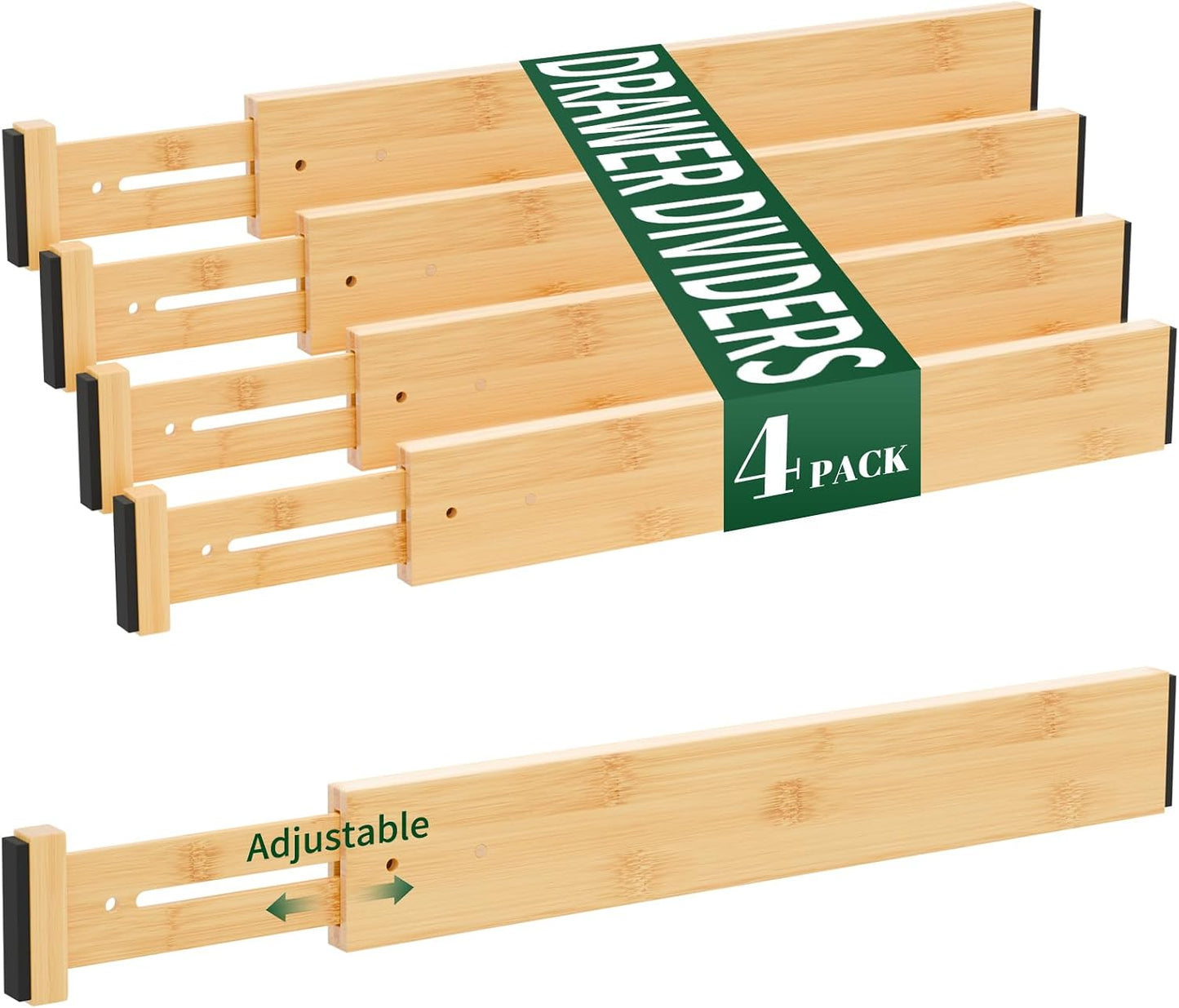 Dunruz Bamboo Drawer Dividers 2.6" High,17"-20" Adjustable Spring Loaded Clothes Drawer Organizers for Kitchen, Dresser, Bathroom, Bedroom and Office