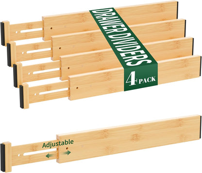 Dunruz Bamboo Drawer Dividers 2.6" High,17"-20" Adjustable Spring Loaded Clothes Drawer Organizers for Kitchen, Dresser, Bathroom, Bedroom and Office