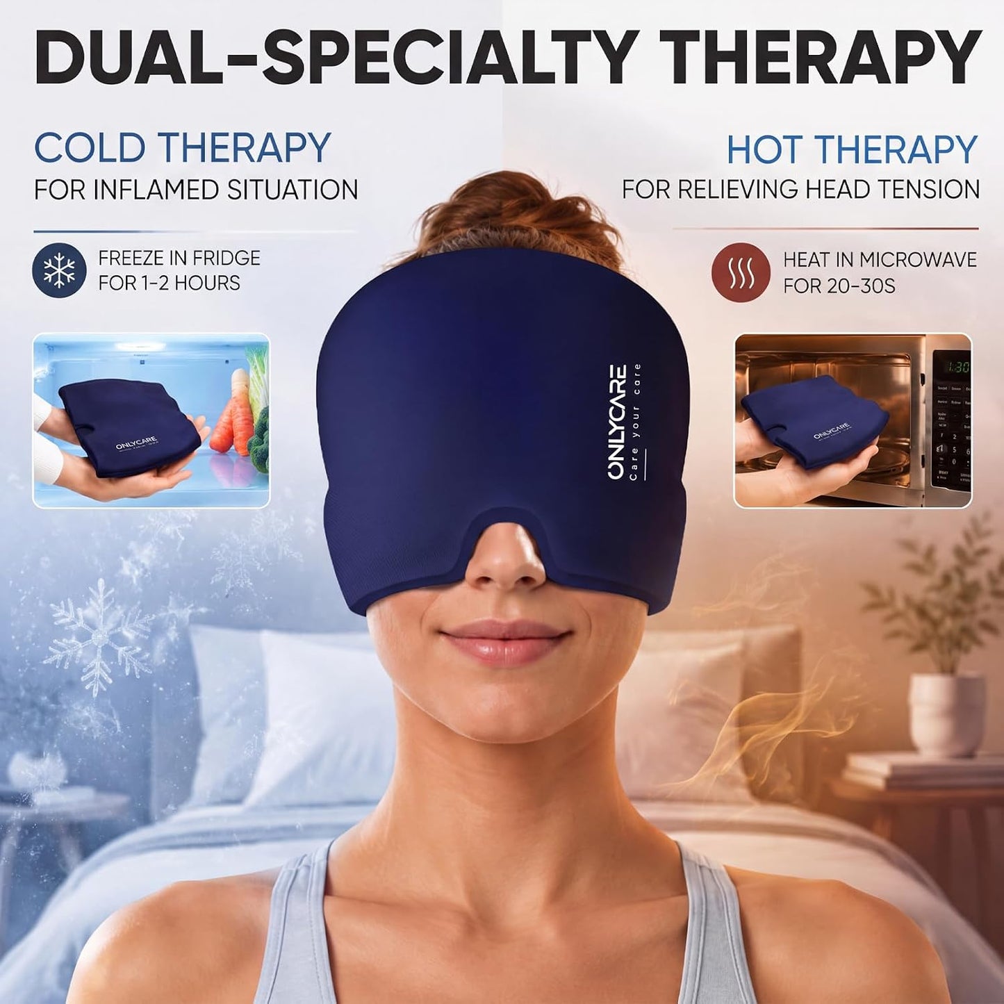 ONLYCARE Migraine Relief Cap, Headache Relief Cold Cap with Odorless Gel | Cooling Hat Head Wrap Soothing Face Ice Pack Mask Products for Tension Stress Hangover & Puffy Eyes, Relaxing Gifts for Women