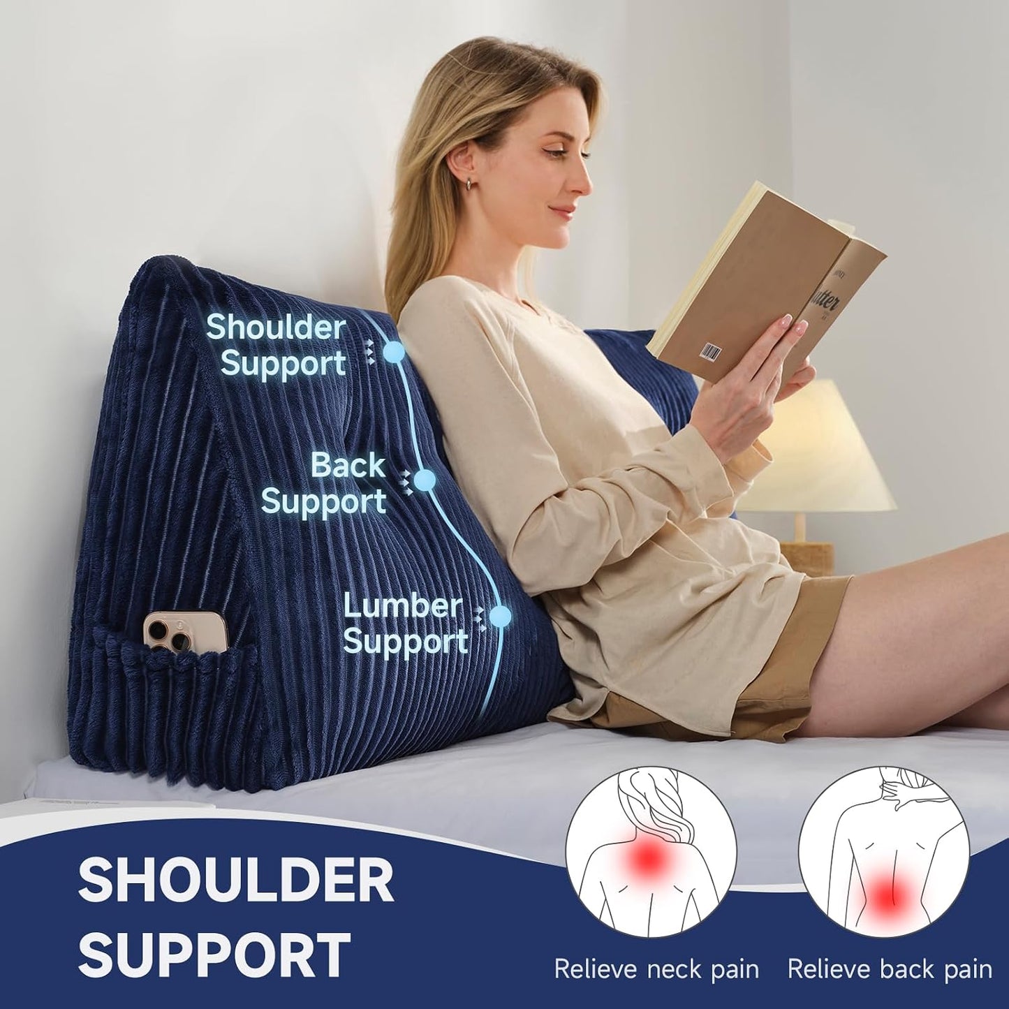 Z-hom Headboard Pillow, Wedge Backrest Cushion, Queen Size,NO Roll Pillow | Grey Triangular Backrest Cushion Equipped,NO Roll Pillow,Ideal for Reading,Sitting Up in Bed&Filling Headboard Gaps