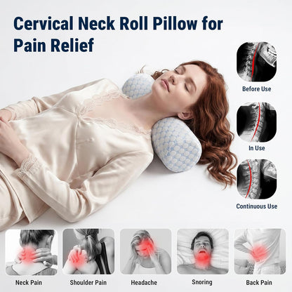 Neck Roll Pillow for Neck Pain Relief - Memory Foam Neck Support Pillow for Bed | Round Neck Pillow for Sleeping, 15.7 * 6 * 6 inch (Cool-Blue)