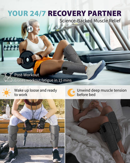 Wireless Leg Massager - Air Compression Cordless Calf Massager with Heat for Circulation, Pain Relief, and Recovery, 4 Modes & 3 Intensities, Portable and Adjustable (Gray, Set of 2)