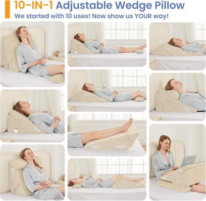 Sasttie Adjustable Wedge Pillow Set for After Surgery, Dark Grey & White | Bed Wedge Pillow Headboard with Memory Foam Neck Cushion, for Acid Reflux, Sleeping, Neck & Back Support