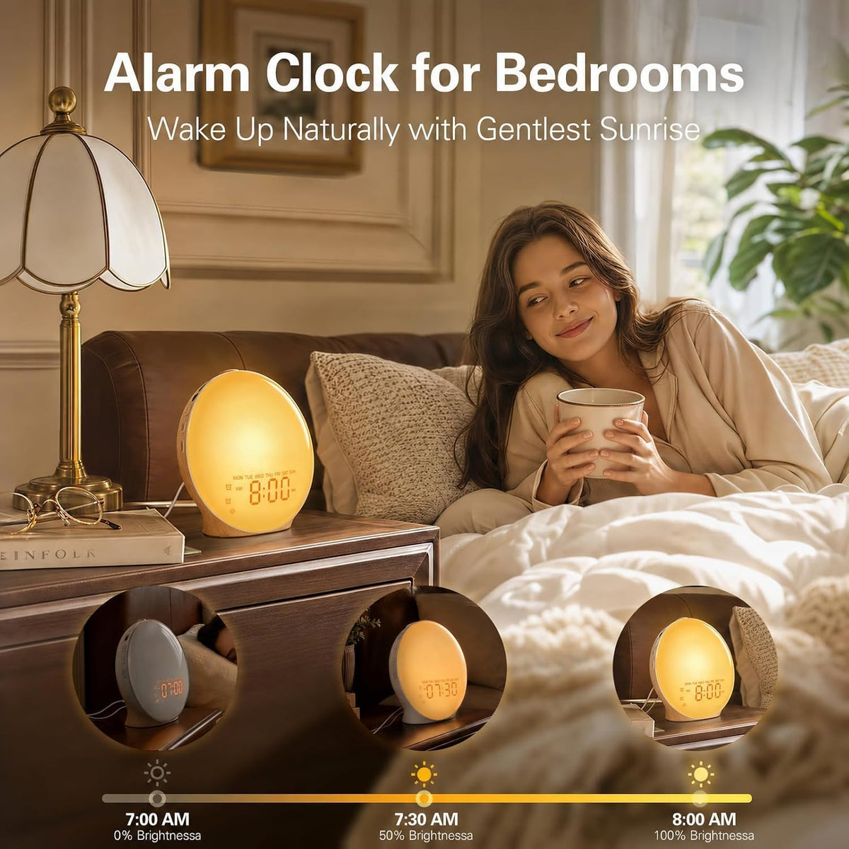 JALL Full-Screen Wake Up Light Sunrise Alarm Clocks for Bedrooms, White Noise Machine for Heavy Sleepers, 25 Natural Sounds, Dual Alarms, FM Radio, 17 Dimmable Colors, Bluetooth Speaker