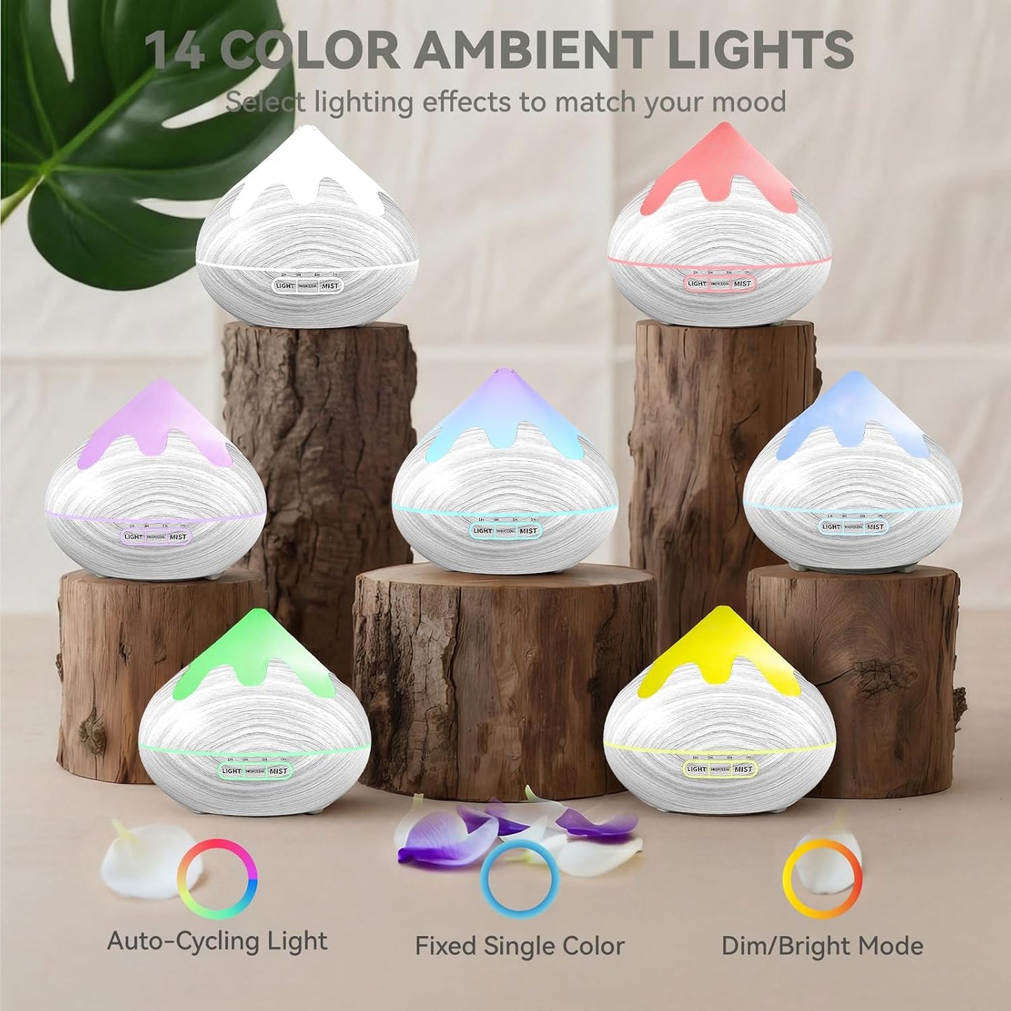 500ML Essential Oil Diffuser, Aromatherapy Diffuser with Remote Control, Multifunctional Air Diffusers for Home Office Room, Fragrance Aroma Diffuser with 7 Color LED & 2 Mist Mode, Brown