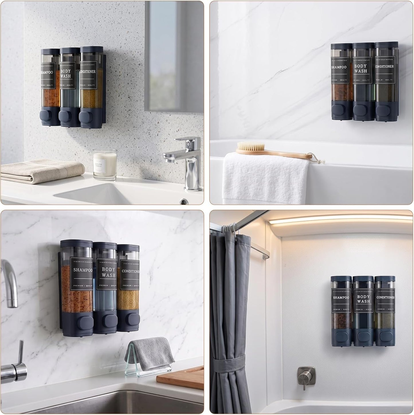 Shampoo and Conditioner Dispenser,Shower Soap Dispenser 3 Chamber No Drill Wall-Mounted for Bathroom & Hotel Leak-Proof Pumps, for Thick Liquids Like Conditioner - 1050ML High Capacity, Dark Blue