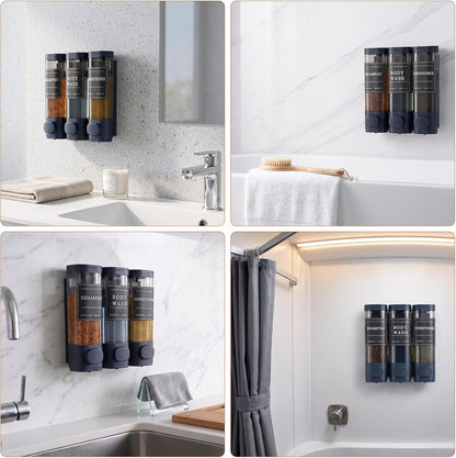 Shampoo and Conditioner Dispenser,Shower Soap Dispenser 3 Chamber No Drill Wall-Mounted for Bathroom & Hotel Leak-Proof Pumps, for Thick Liquids Like Conditioner - 1050ML High Capacity, Dark Blue