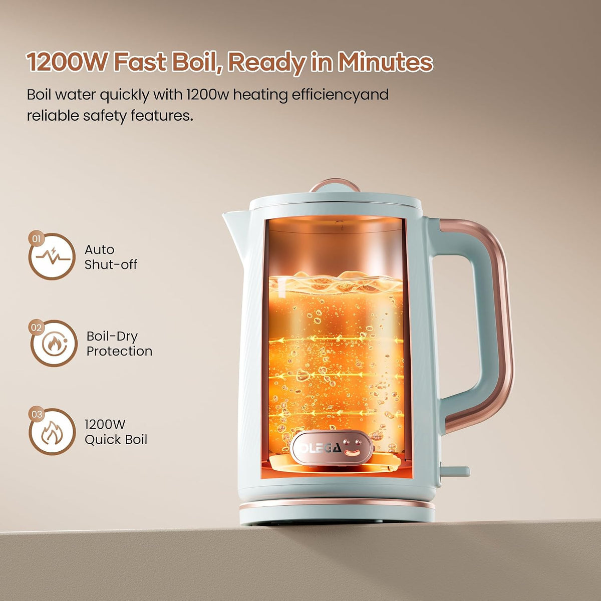 OLEGA Electric Tea Kettle: 1200W Fast Boil Electric Water Kettles 1.5L