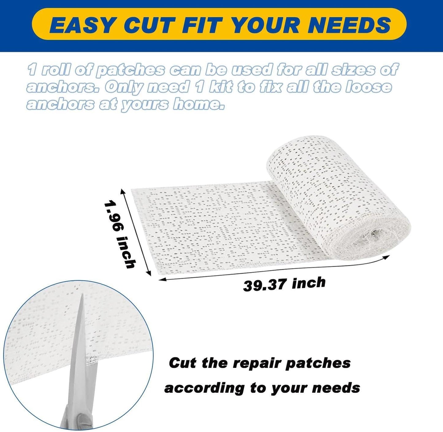 Kenbry Drywall Anchor Repair Kit,1.96' x 39.37' Patch Easy Cut for Fast Loose Anchors Fix, No Need to Redrill or Fill, Ideal for Most of Surfaces