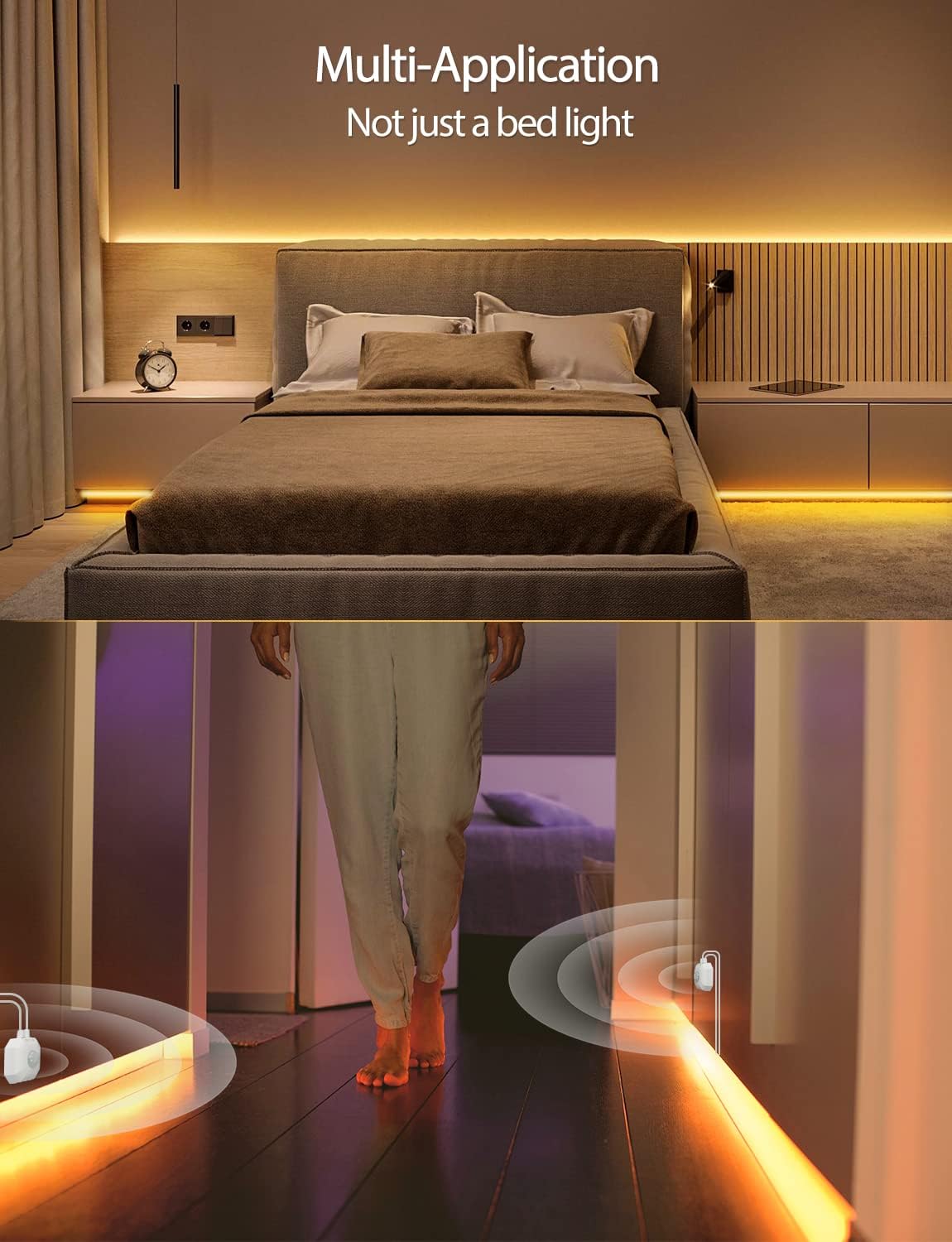 Daymeet Motion Sensor LED Strip Lights, 16.4ft RGB Motion Activated Under Bed Lights with Automatic Shut Off Timer App Control Cabinet Night Light Closet Lights for Hallway, Kitchen,Bedroom