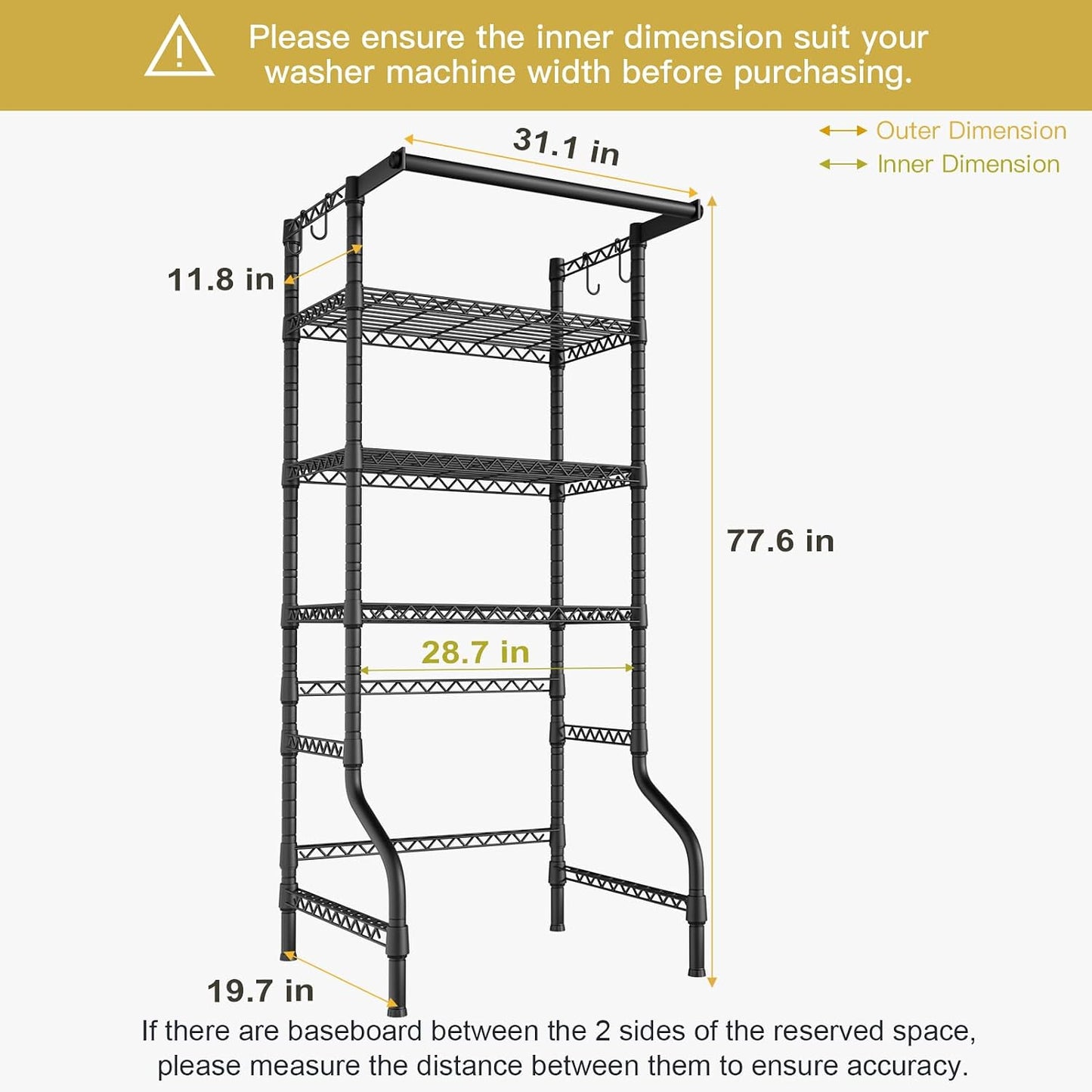 U11 Over Washer and Dryer Shelves, 3 Tiers Laundry Room Storage and Organizer Standing Shelf, Metal Freestanding Clothes Drying Rack, 33.9" W x 19.7" D x 77.6" H, Black