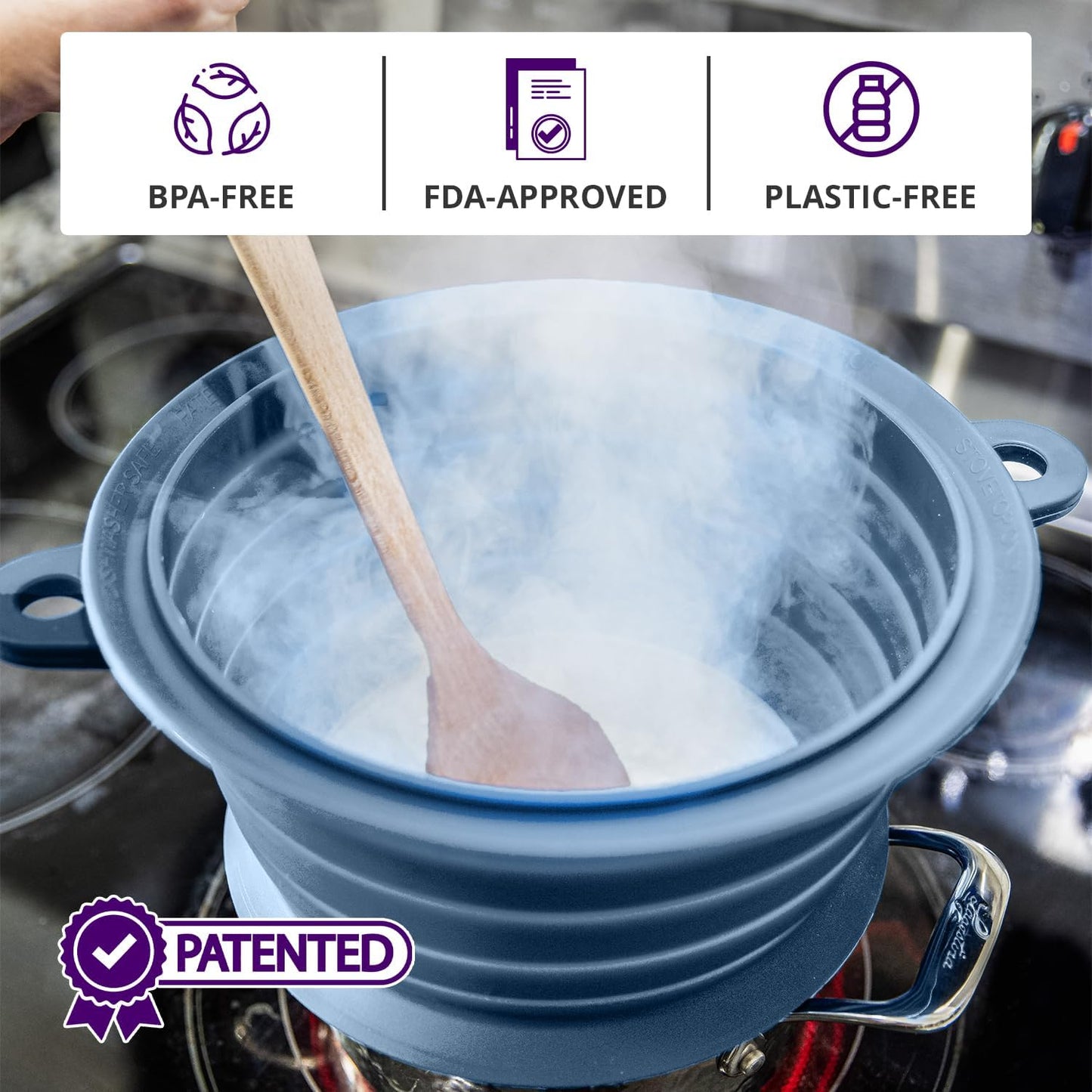 L.I.Q. Silicone Splatter Guard, Durable SplatterDom, Blue Steel, Large | 10 and 12 Inch Pots, 10'' Lid, Food and Oil Splash Guard for Cooking, Easy to Clean and Store, BPA-Free, Microwave Safe