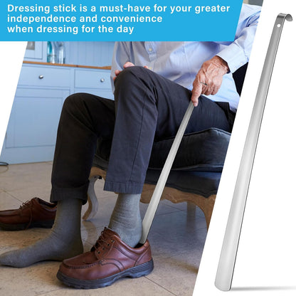 2 Pcs 31.5'' Extra Long Metal Shoe Horn for Elderly, Silver | Shoehorn Dressing Stick for Senior Disabled Men Women Limited Mobility, Standing Reach Assist, No Bending Needed