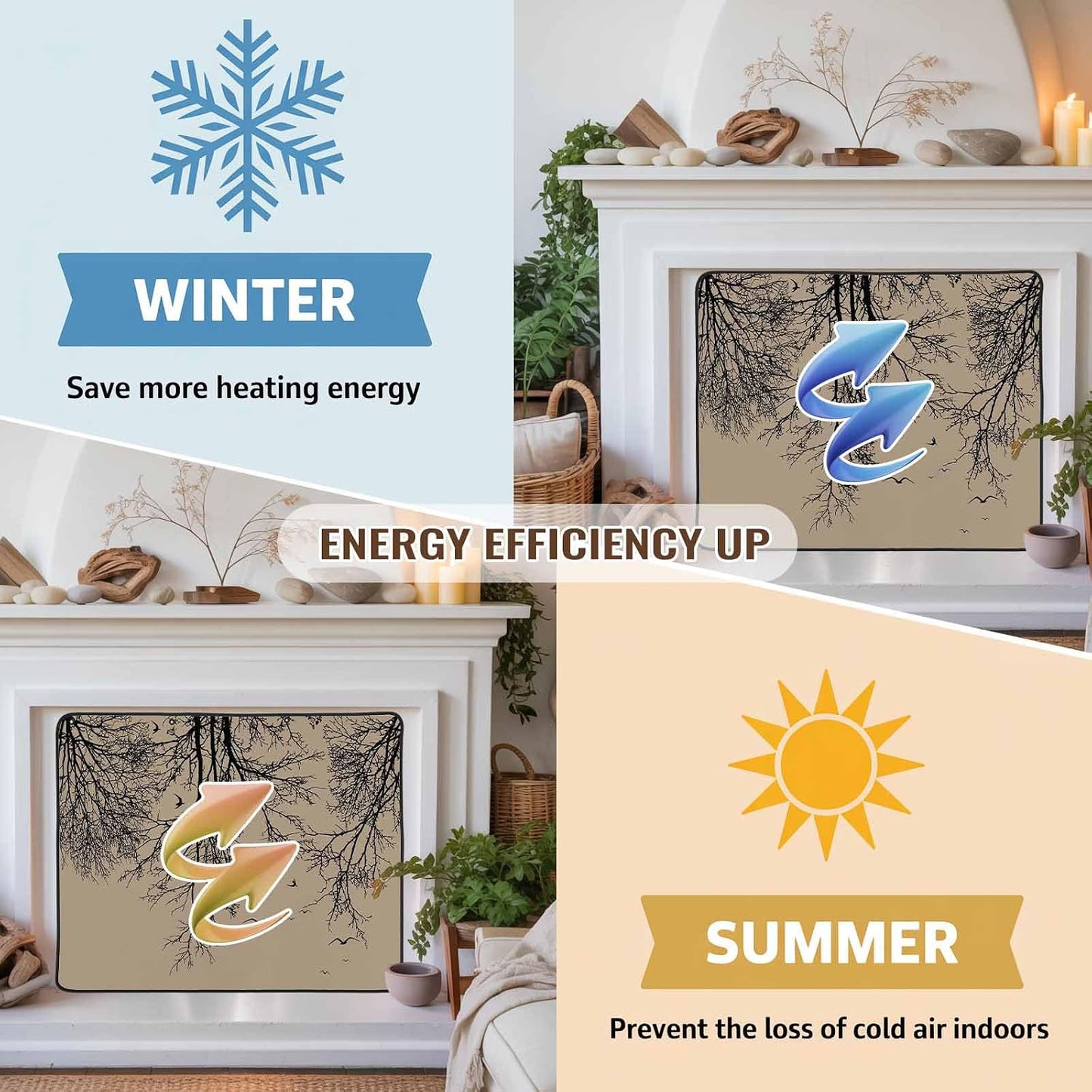 Magnetic Fireplace Cover Tree Branches Bird Fireplace Screen Decorative Brown Black Twigs Deadwood Insulation Fireplace Blocker Save Energy Fireplace Draft Stopper Covers for Living Room 45x34 Inch