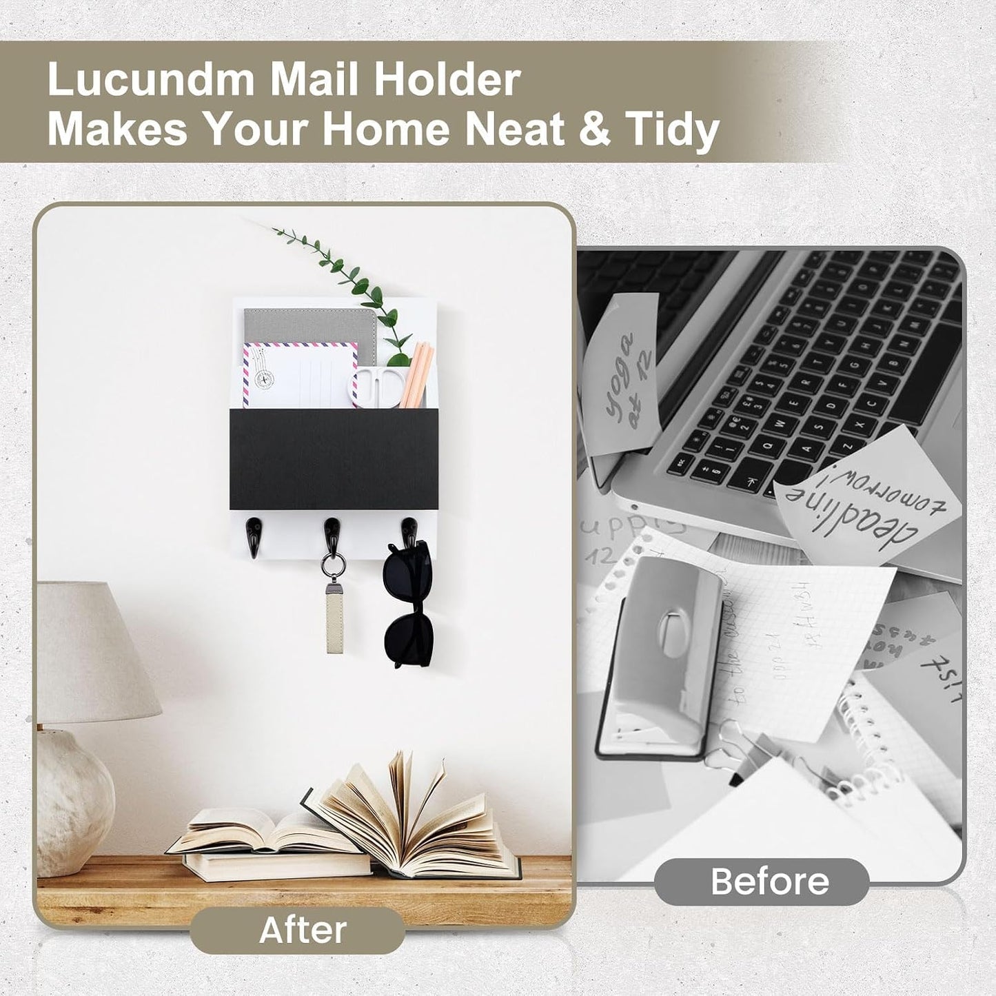 Key and Mail Holder for Wall Mount, Mail Holder with Chalkboard | Mail Organizer with 2 Slot, Key Holder with 3 Sturdy Hooks for Coat, Dog Leash, Decorative Key Rack (8.86”W x 11.42”H x 3”D)