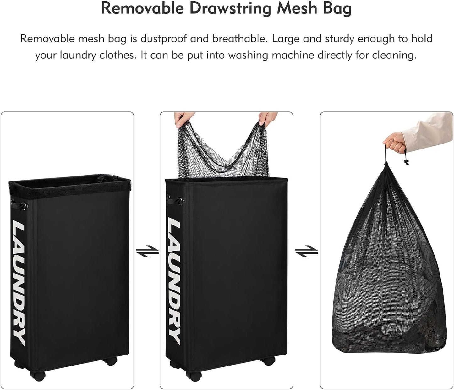 DOKEHOM 25" Slim Rolling Laundry Basket Hamper, Narrow on Wheels, Grey | Collapsible narrow laundry hamper with mesh drawstring closure. Foldable corner clothes storage bin for small spaces