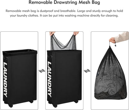 DOKEHOM 25" Slim Rolling Laundry Basket Hamper, Narrow on Wheels, Grey | Collapsible narrow laundry hamper with mesh drawstring closure. Foldable corner clothes storage bin for small spaces