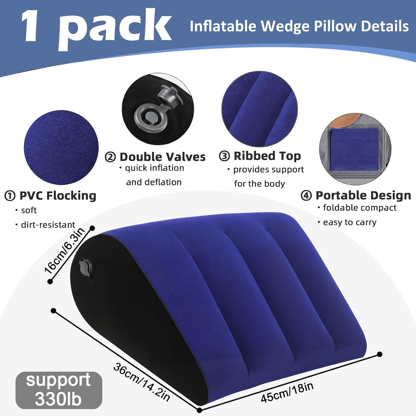 Prosixtoy Portable Wedge Pillow Inflatable Cushion - Body Positioners Lightweight Wedge Pillow for Sleeping, Leg Elevation, Use in Bed, Travel, Camping, Fast Inflating Deflation (Grey)