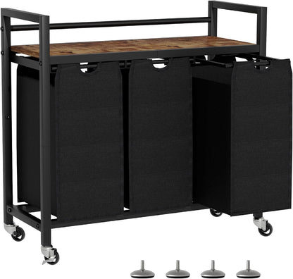 SwaaVee Laundry Sorter, Laundry Hamper 3 Section, 3×11.4Gal, Metal Frame Rolling Laundry Basket with Wooden Top Shelf, Pull out and Removable Laundry Bags, 3 Bags-Black
