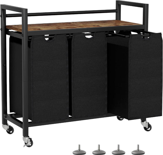 SwaaVee Laundry Sorter, Laundry Hamper 3 Section, 3×11.4Gal, Metal Frame Rolling Laundry Basket with Wooden Top Shelf, Pull out and Removable Laundry Bags, 3 Bags-Black