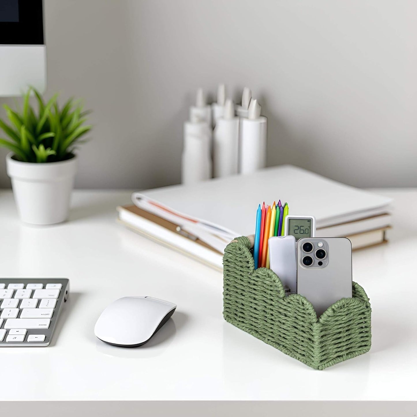 CubesLand Bedside Table Desk Organizer Caddy, Remote Pen&Pencil Holder Cup | Makeup Brush Holder w/Scalloped Perfect for Home, Office Desk, Living Room Table Decor, 3 Slots Neutral
