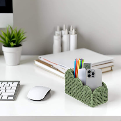CubesLand Bedside Table Desk Organizer Caddy, Remote Pen&Pencil Holder Cup | Makeup Brush Holder w/Scalloped Perfect for Home, Office Desk, Living Room Table Decor, 3 Slots Neutral
