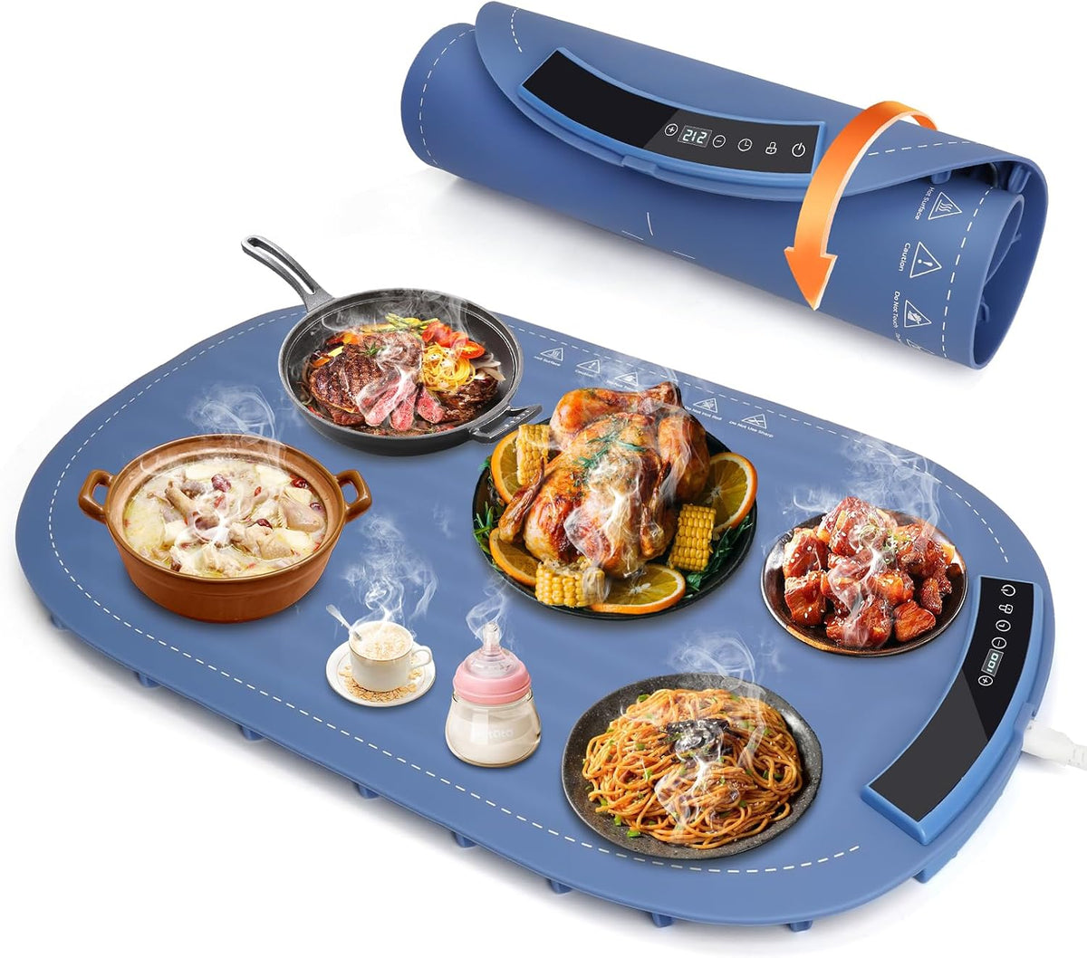 Food Warming Mats for Countertop - Warming Trays for Buffets Party, Silicone Electric Warmer with 7 Level Temp Adjustable / 4H Auto Timer, Hot Fast in 8s, Roll Up Heating Pad for Home Travel (Blue)