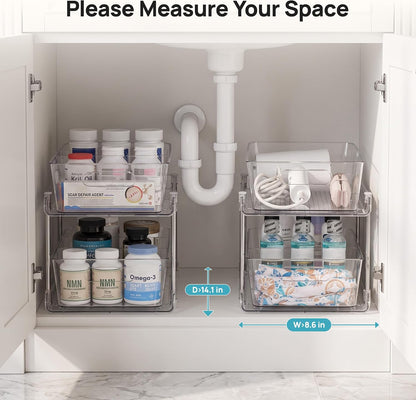 Vtopmart 2 Pack Pull Out Bathroom Under Sink Organizer (S-Standard) | Slide-out drawers, Multi-purpose storage, Clear visibility, Easy Set-up