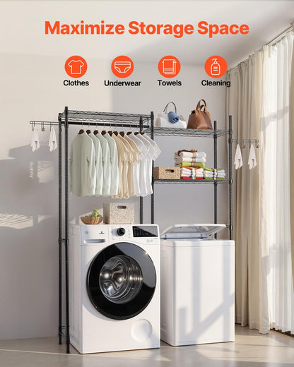 VEVOR Over the Washer and Dryer Storage Shelf, 5 Tier Laundry Room Drying Rack with Hanger Rod and Hooks, Adjustable Over Washer and Dryer Shelves, Laundry Room Shelf Storage Space Saver, White