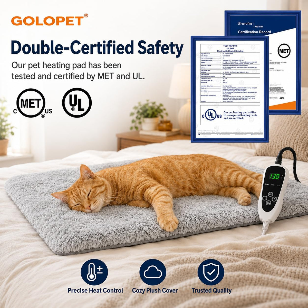 GOLOPET Cat Heating Pad with Normally Open Function，UL Dual Certification