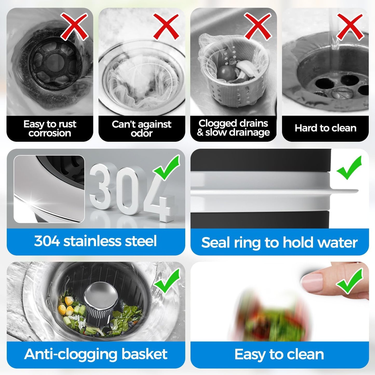 3 in 1 Kitchen Sink Drain Strainer Stopper Removable Basket Pop-Up | Kitchen Sink Food Strainer 1 Pack Silver Stainless - Food Catcher, Odor-Block Seal, Fits 3.5" Drain, Easy Clean