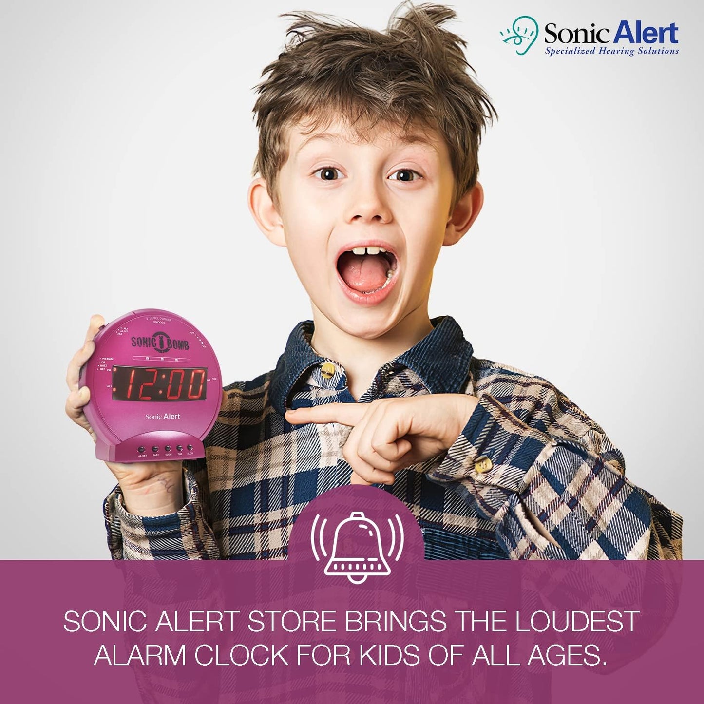 Sonic Alert Sonic Bomb Dual Alarm Clock with Bed Shaker, Black Vibrating Alarm Clock Heavy Sleepers, Battery Backup | Wake with a Shake