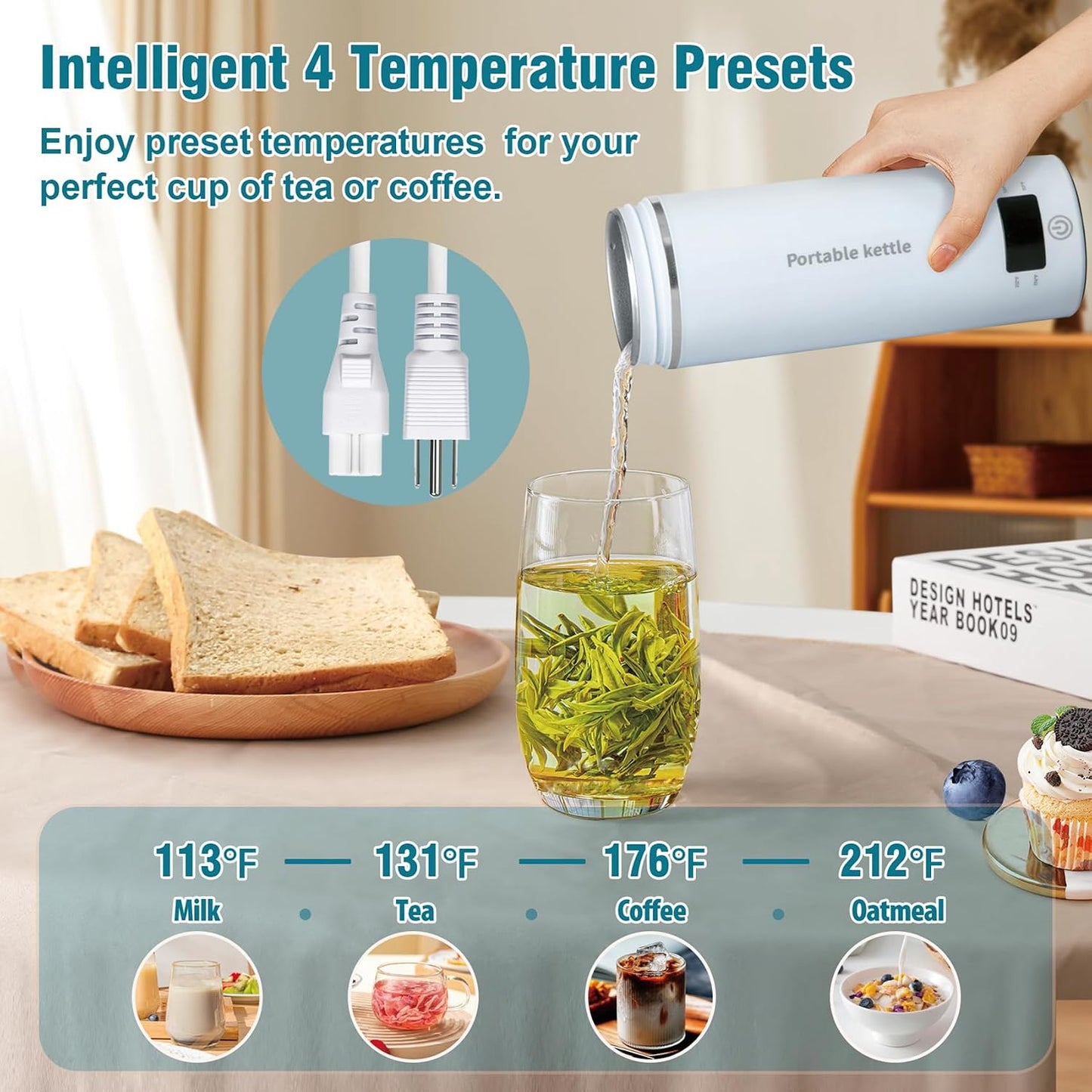 Touxila Portable Electric Kettle for Travel 120V, 13.5oz, 4 Temp Settings | 304 Stainless Steel Lining,Fast Boiling Water,Auto Shut-Off,Boil Dry Protection,Small Kettle for Office & Hotel(Beige, 400ML)