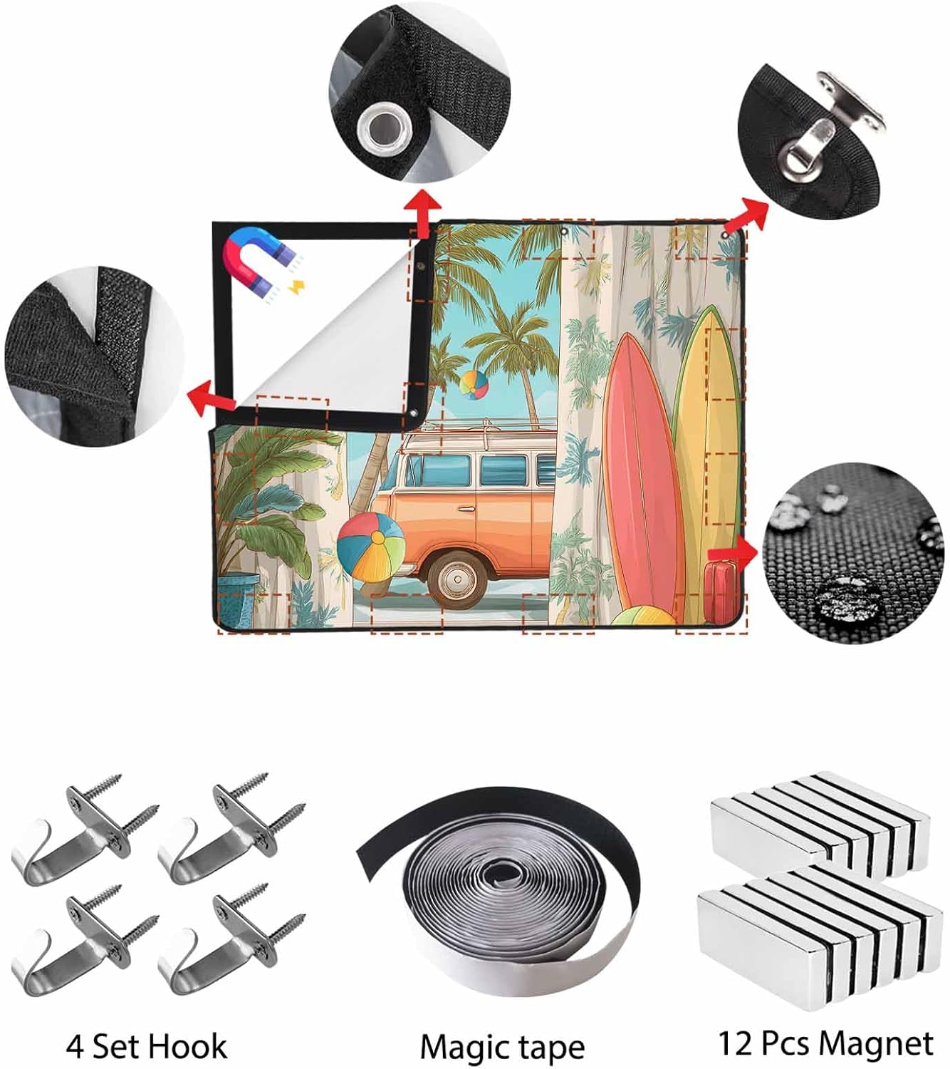 Magnetic Fireplace Cover Tropical Palm Leaves Fireplace Screen Decorative Camper Van Surfboard Balls Insulation Fireplace Blocker Save Energy Fireplace Draft Stopper Covers for Living Room 36x30 Inch