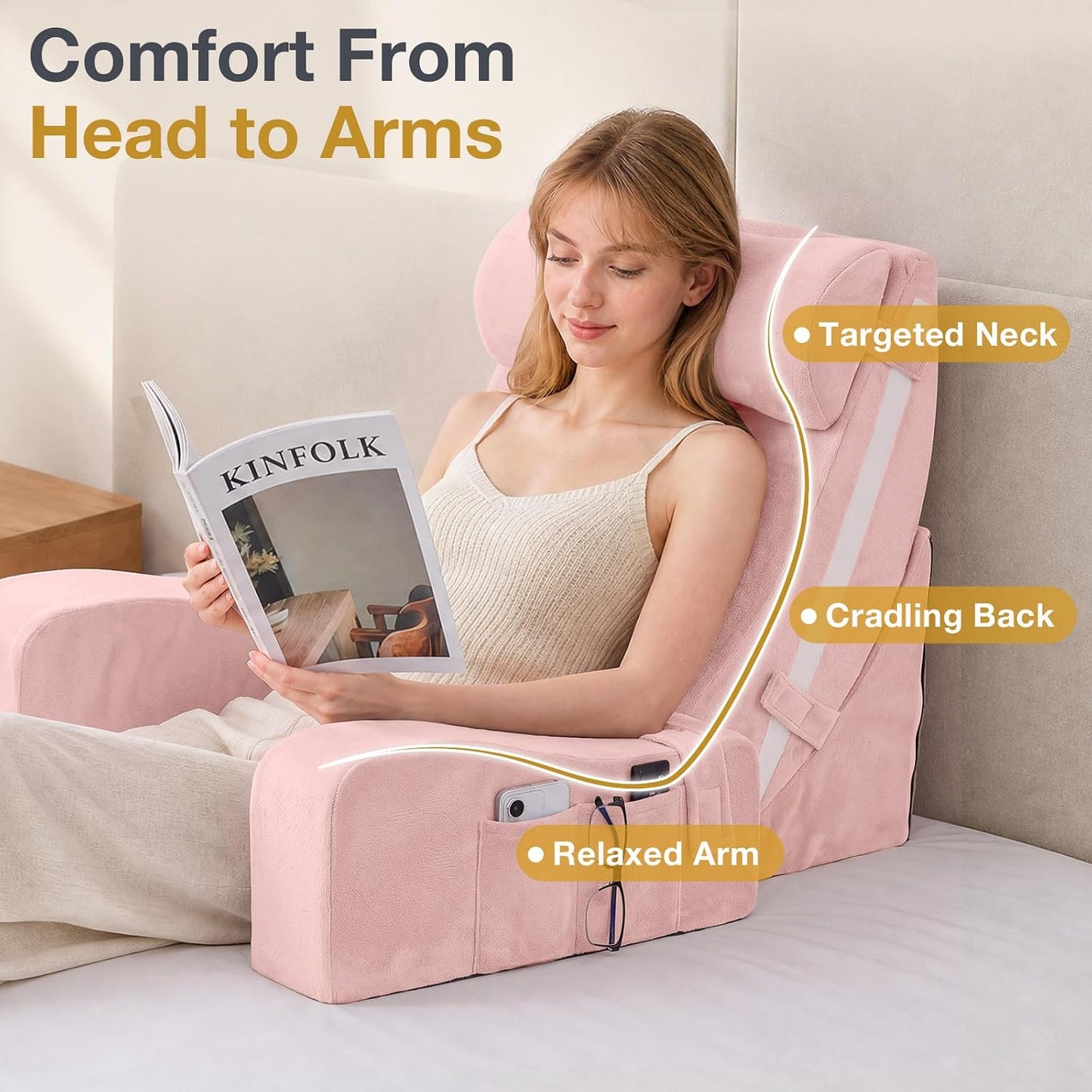 Sasttie 15-25 inch Adjustable Reading Pillow with Armrests, Dark Grey | Back Rest Pillow with Secure Side Straps, Memory Foam Back Support Cushion Bed Chair for Reading, Gaming & Relaxing