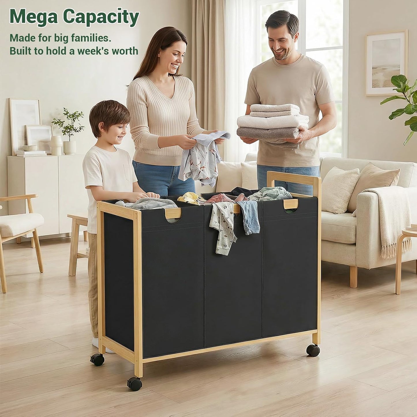 250L Laundry Sorter with Wheels, 3-Section Laundry Hamper, Black | 66 Gal Large Laundry Cart with Removable Bags, Rolling Laundry Basket, Water-Resistant, Bamboo Frame, Laundry Room Organizer