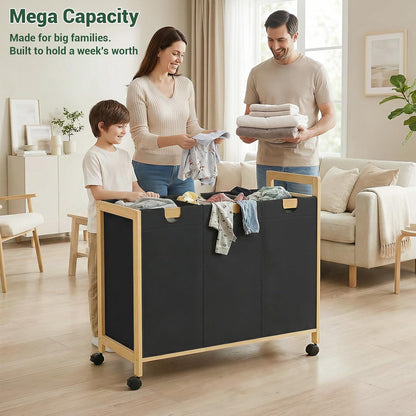 250L Laundry Sorter with Wheels, 3-Section Laundry Hamper, Black | 66 Gal Large Laundry Cart with Removable Bags, Rolling Laundry Basket, Water-Resistant, Bamboo Frame, Laundry Room Organizer