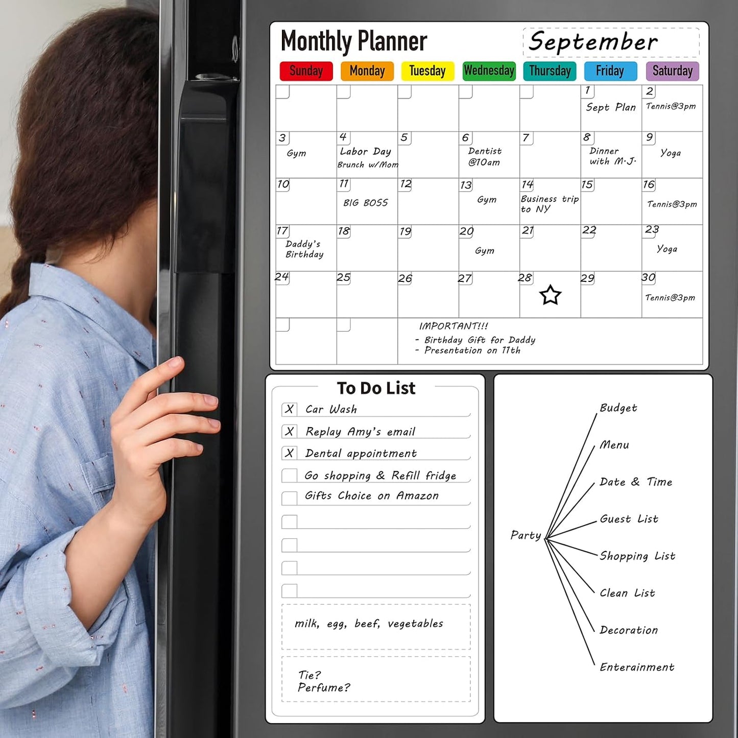 Magnetic Dry Erase Calendar for Fridge: Pack of 3-14.6” x 11.6” Magnetic Monthly Planner + 7.3” x 11.6” To Do List Pad & Fridge Whiteboard