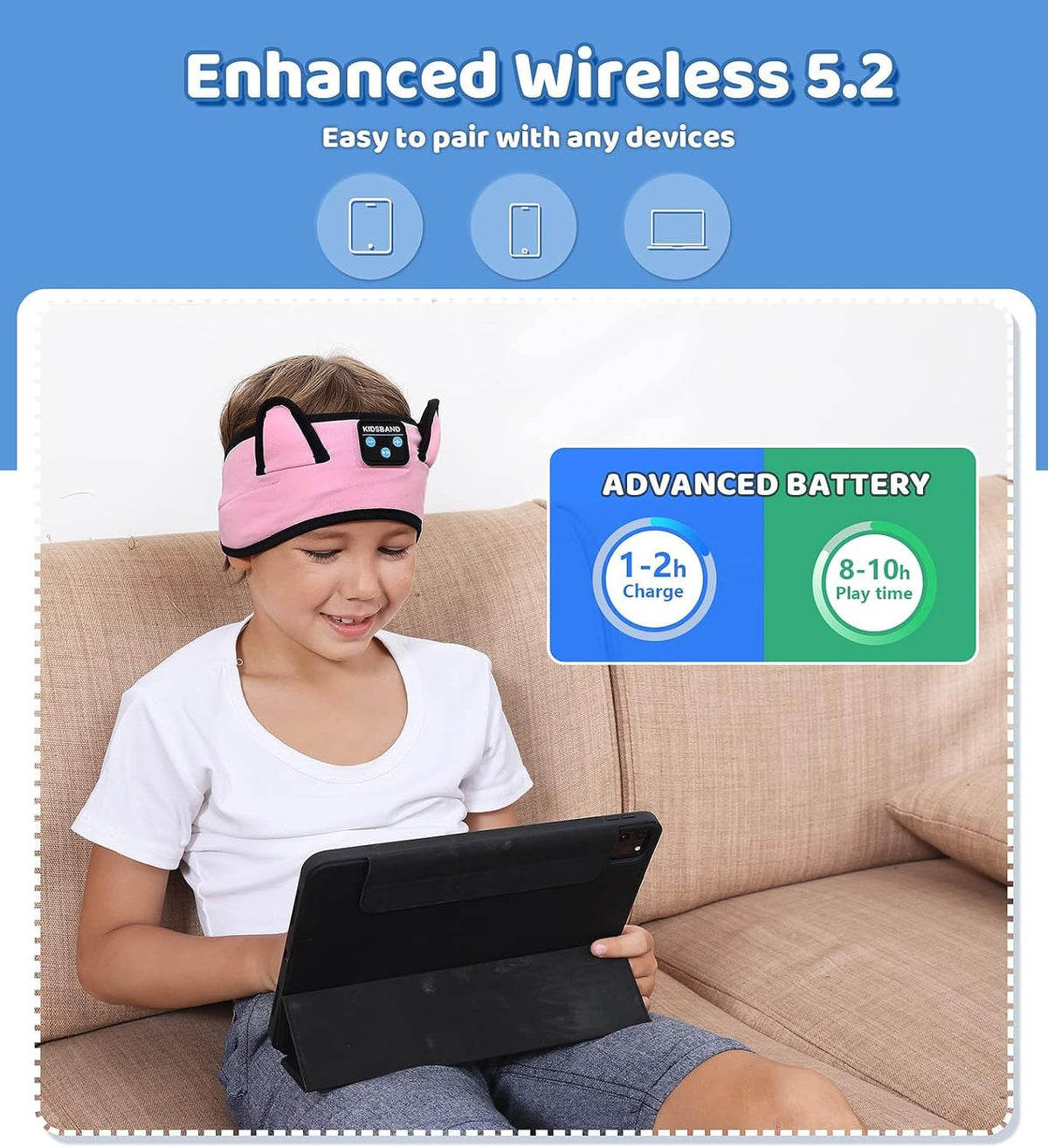 KIDSBAND Kids Bluetooth Headphones, Sleep Headband [Wireless & Wired Playback 2in1] Foldable Headphones for School/Travel/Tablet/Sleep