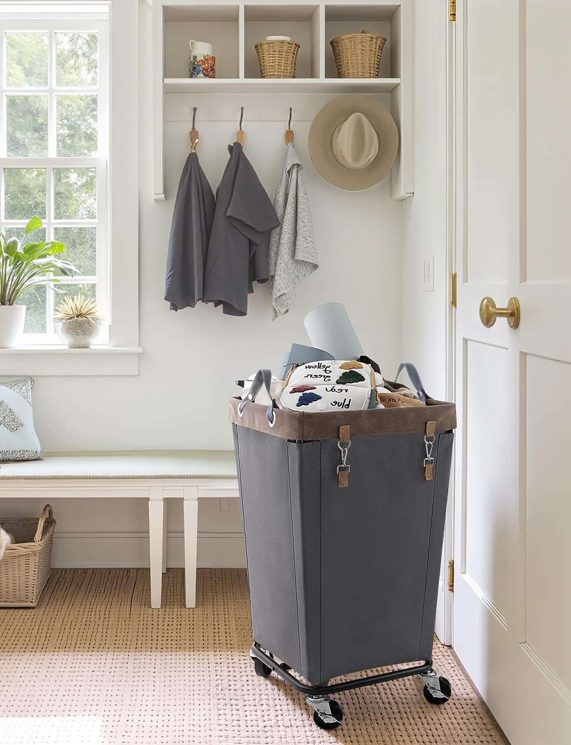 StorageWorks 160L Laundry Basket with Wheels, Rolling Hampers for Clothing | Beige Laundry Basket with Wheels, Metal Frame & Handles, Rolling Hamper for Bedroom, Bathroom, Dorm, Hotel