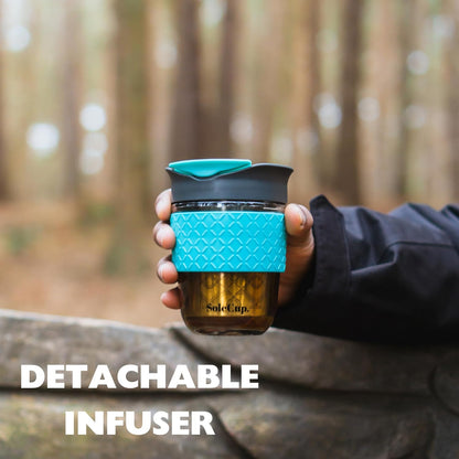 Large Travel Mug Loose Tea Infuser - Detachable Tea Strainer with Spill Proof Lid - 18oz/530ml BPA-Free Reusable Glass Travel Coffee Cup with Silicone Band (Ice Cream, 18oz)