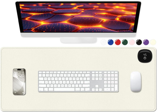 Heated Desk Pad, 31.5" x 13" Leather Non-Slip Warm Desk Pad, Large Mouse Mat with 3 Levels Heating & 3 Hours Auto Shut-Off, Hand and Foot Warmer for Office, Home, White