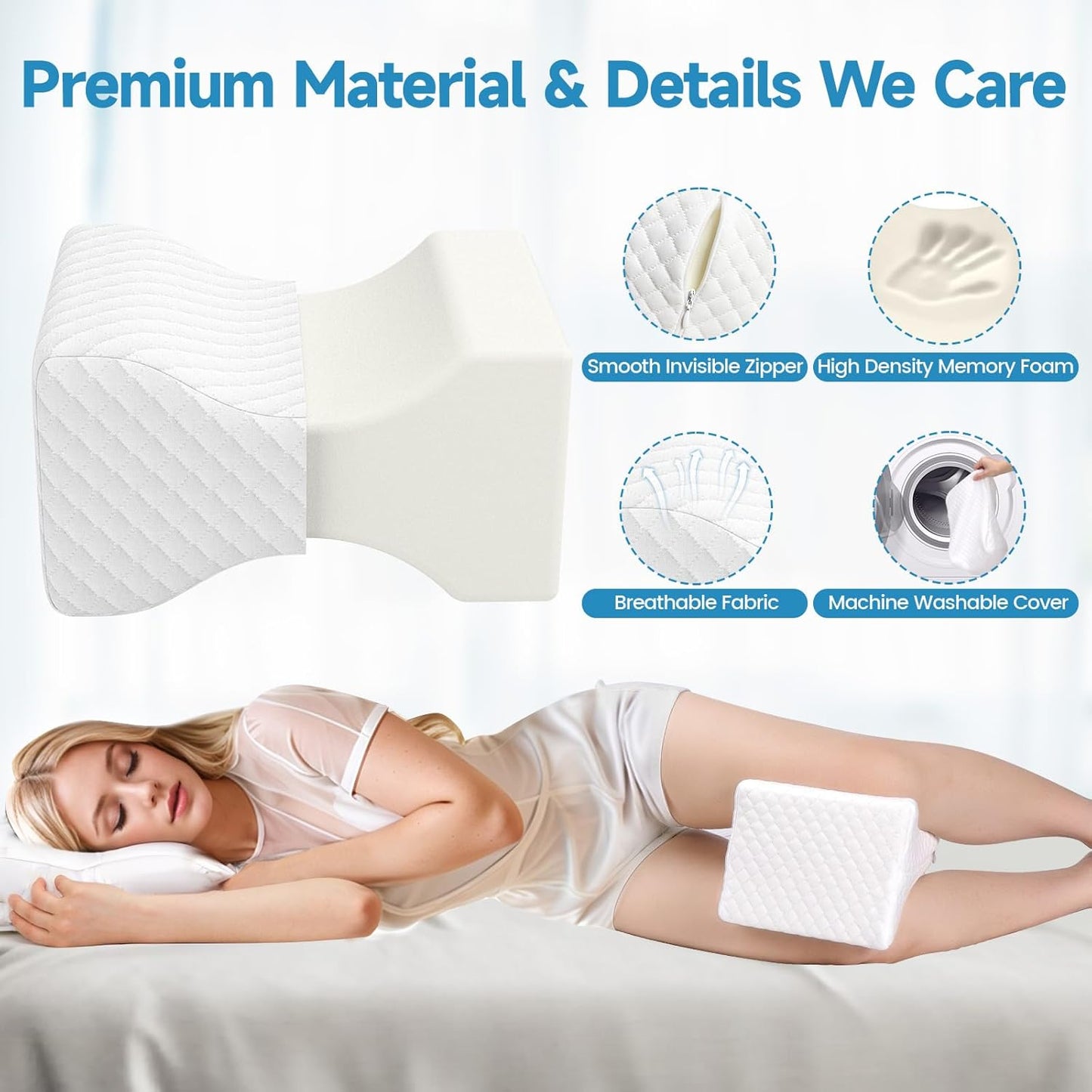 SweetSlubr Memory Foam Knee Pillow for Side Sleepers, Leg Pillow, White | Support Leg Pillows for Side Sleeping Soothing Relief, Smooth Spine Alignment Pillow for Hip, Sciatica, Knee, Joints Pain